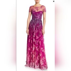 Marchesa Notte Ombre Metallic Embroidered Short Sleeve Illusion Gown Size 14